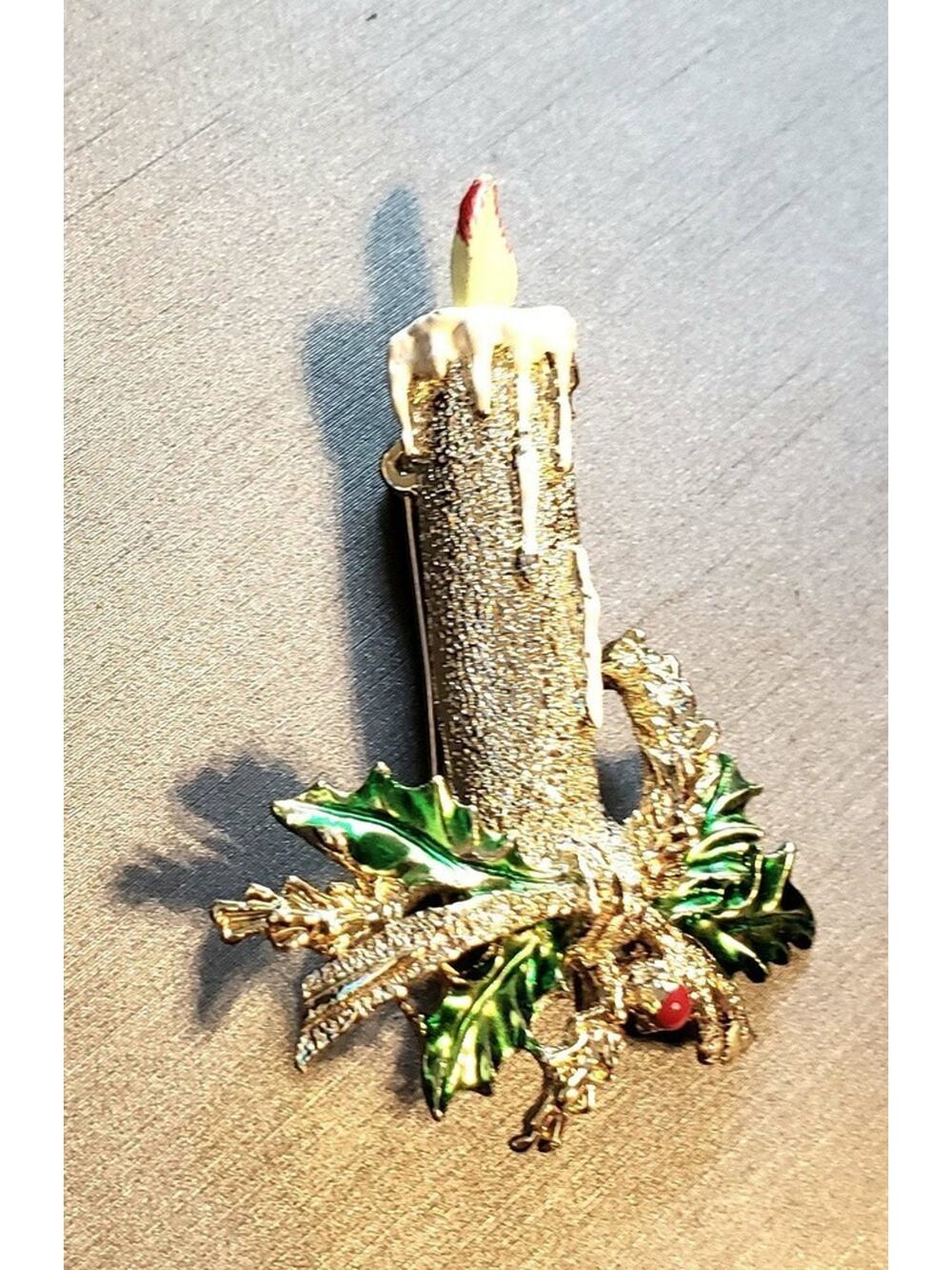 Vintage Christmas Brooch‎ Pin Gerrys 2" Frosted Enamel Silver-tone Candle h-74